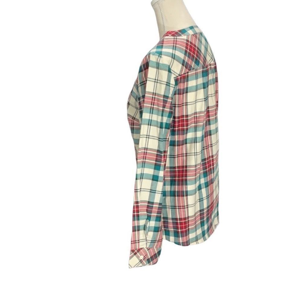 denim & co. Red Green Plaid Henley Flannel Embroidered Long Sleeve Top Size S - Picture 4 of 7